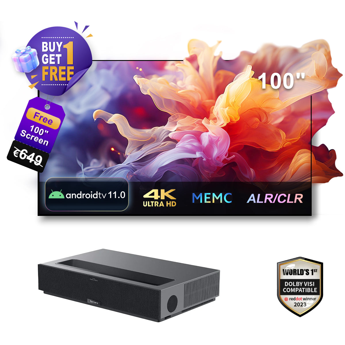 Projecteur laser de théâtre Forvie 4K UST + 100 " Black Series Pack d'écran all