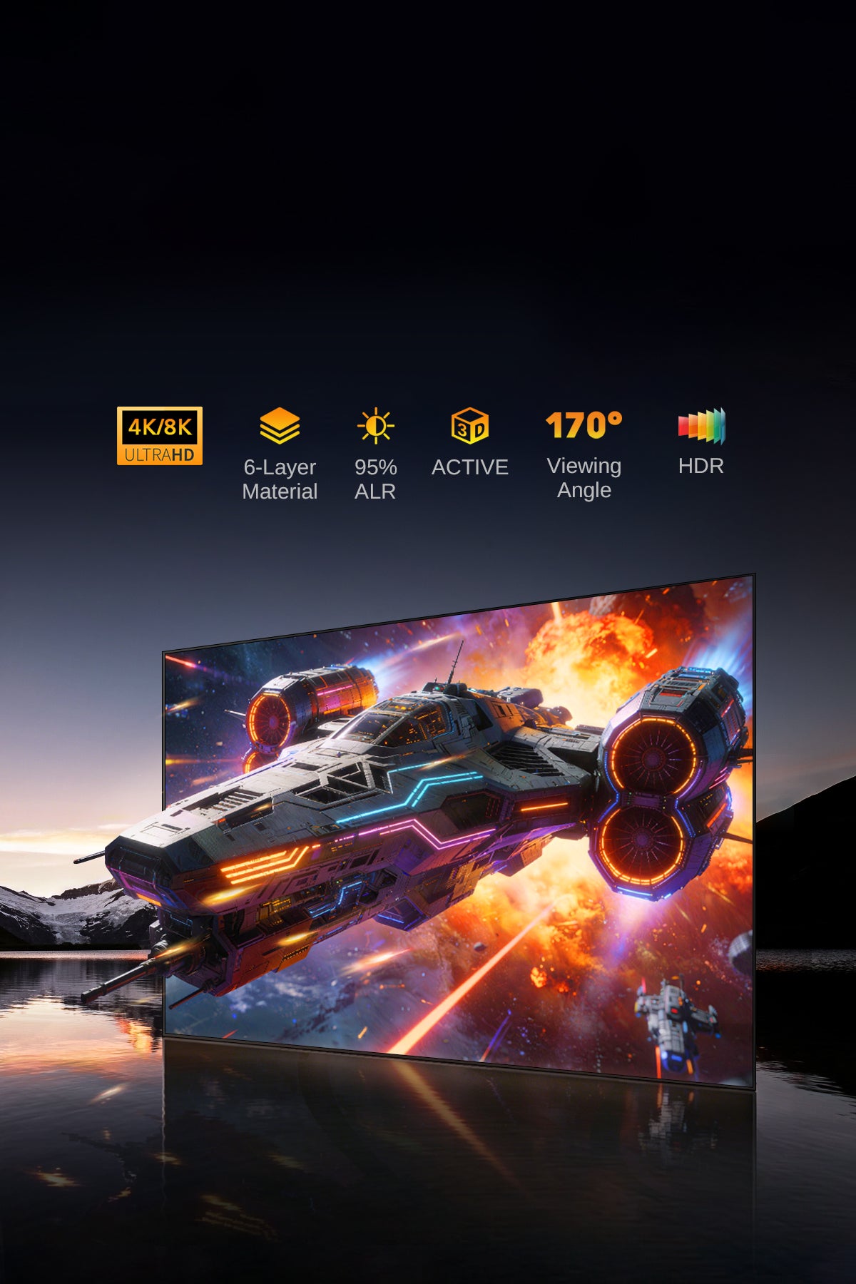 NP's 100"-130" ALR long throw screen combats ambient light with 6-layer optical tech, supporting 4K/8K clarity and 170° viewing for theater-grade immersion.