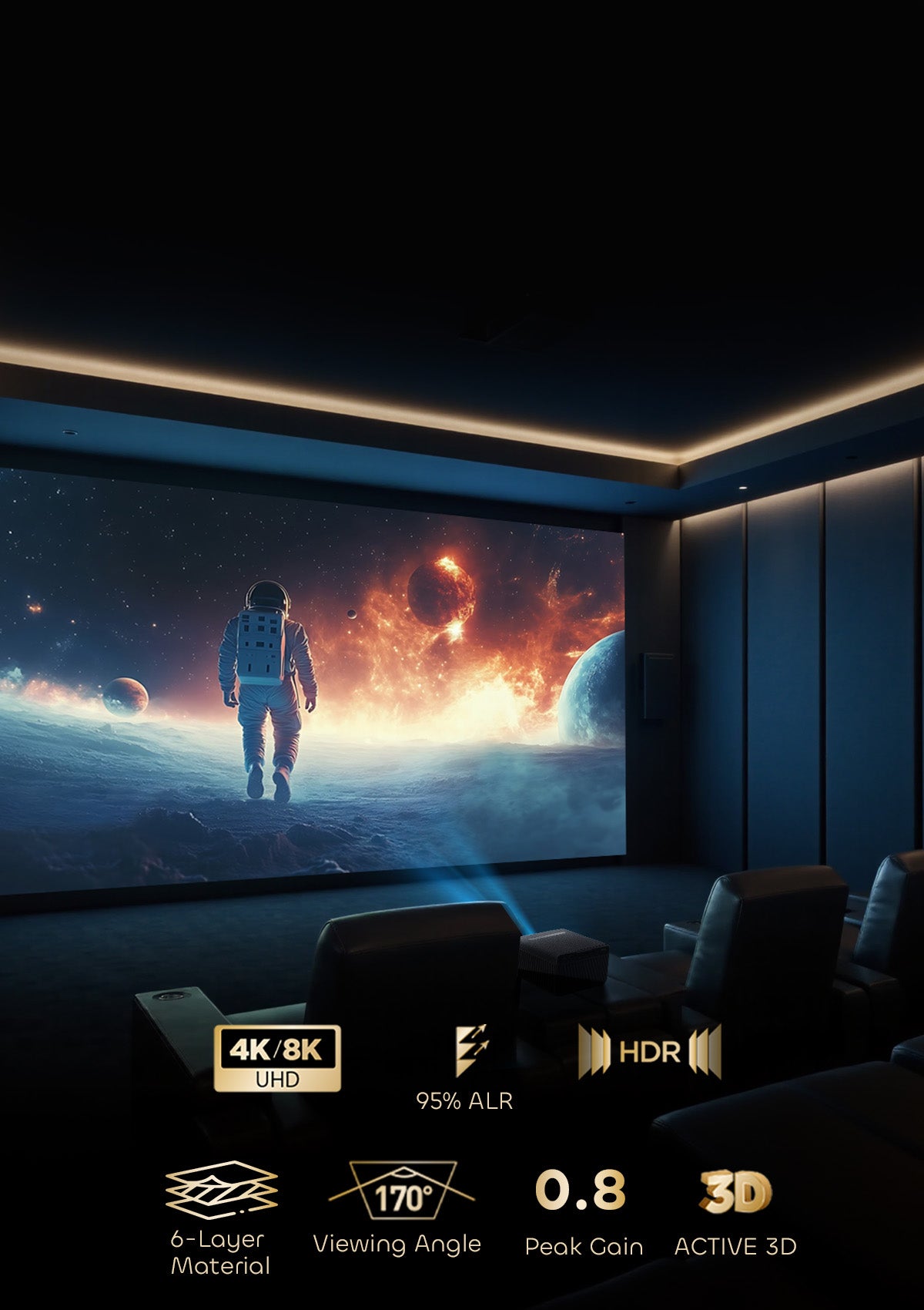 NP's 100"-130" ALR long throw screen combats ambient light with 6-layer optical tech, supporting 4K/8K clarity and 170° viewing for theater-grade immersion.