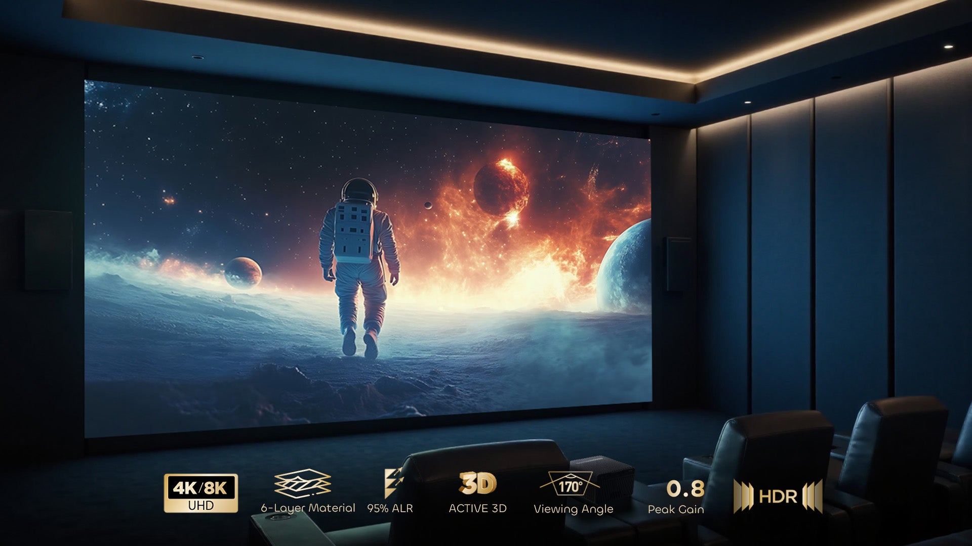 NP's 100"-130" ALR long throw screen combats ambient light with 6-layer optical tech, supporting 4K/8K clarity and 170° viewing for theater-grade immersion.