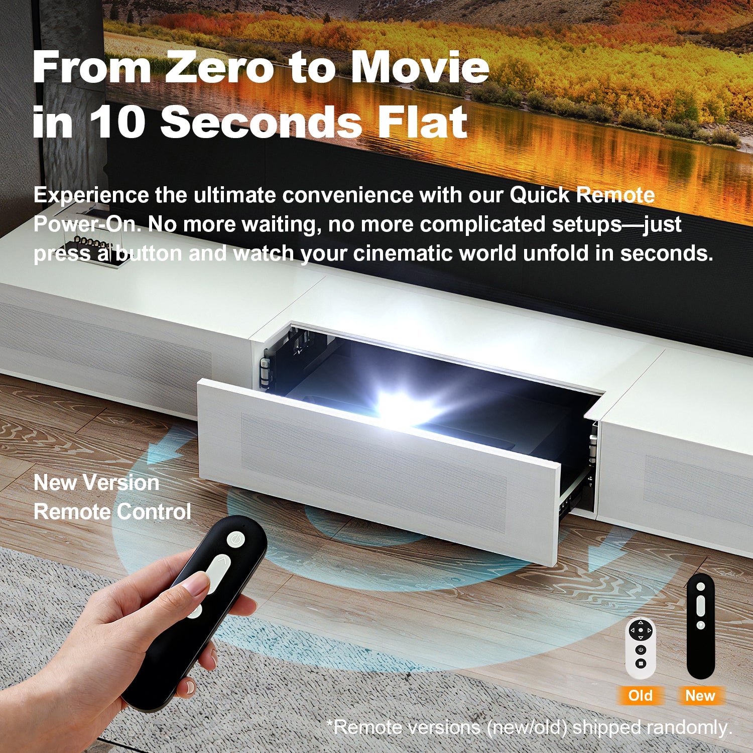 Shore UST Projector Matte Cabinet + Black Series Motorized Floor Rising Screen Bundle (Pre-Assembled）