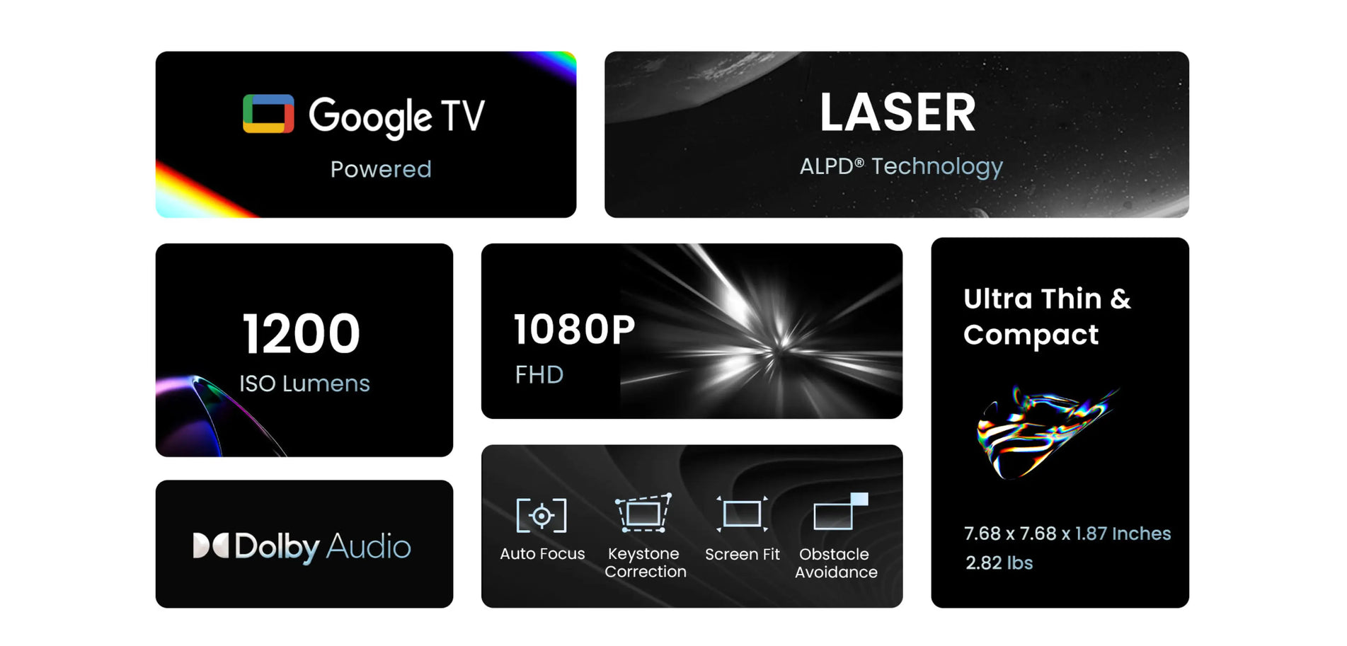 Google TV powered 4K projector with ALPD technology, 1200 ISO lumens brightness, 1080P full HD, ultra-thin and compact design, Dolby Audio, auto-focus, keystone correction, and obstacle avoidance features