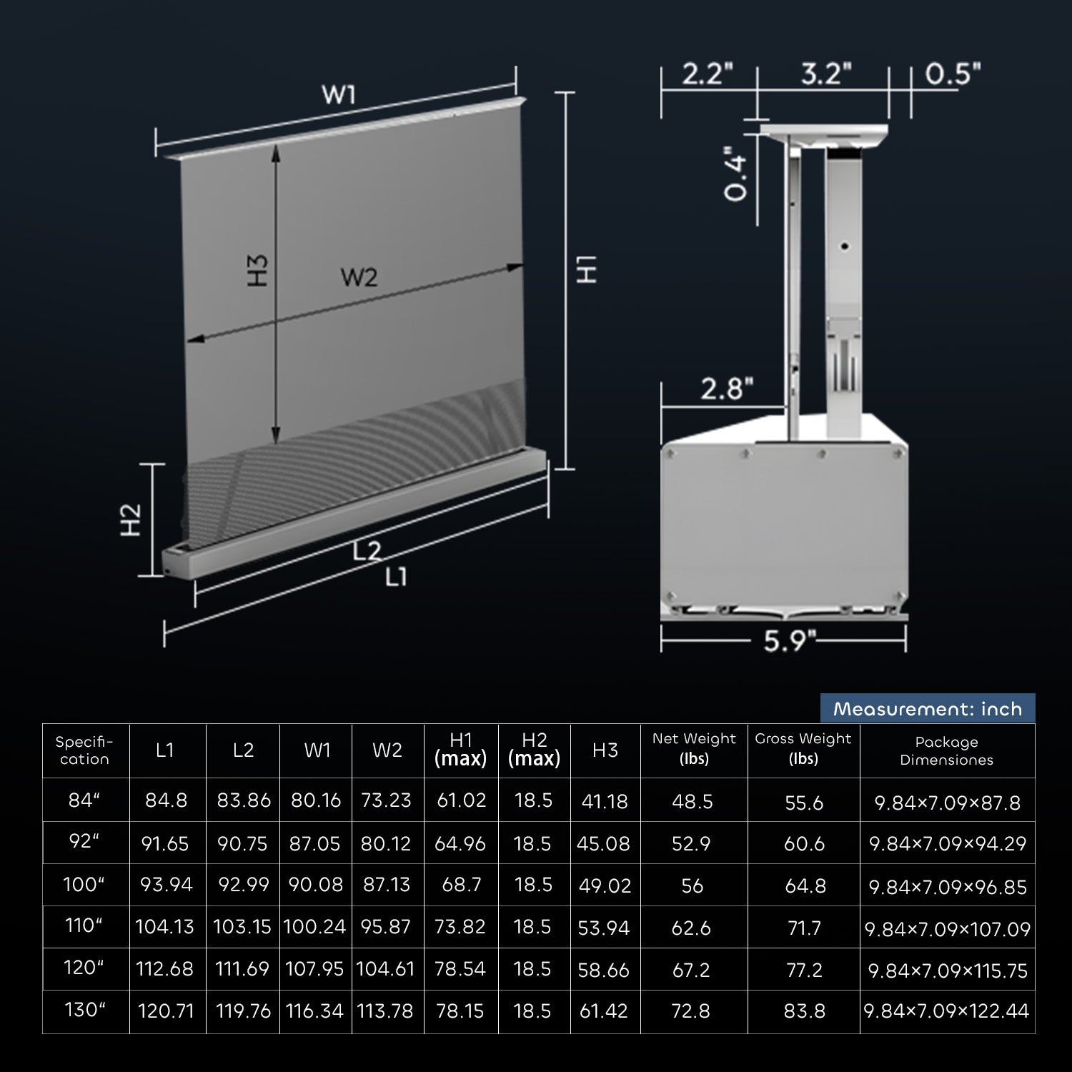 84"-130" NothingProjector Black Series 95% ALR Tela Elevatória de Piso Motorizada + Bandeja Deslizante Inteligente (Pacote)