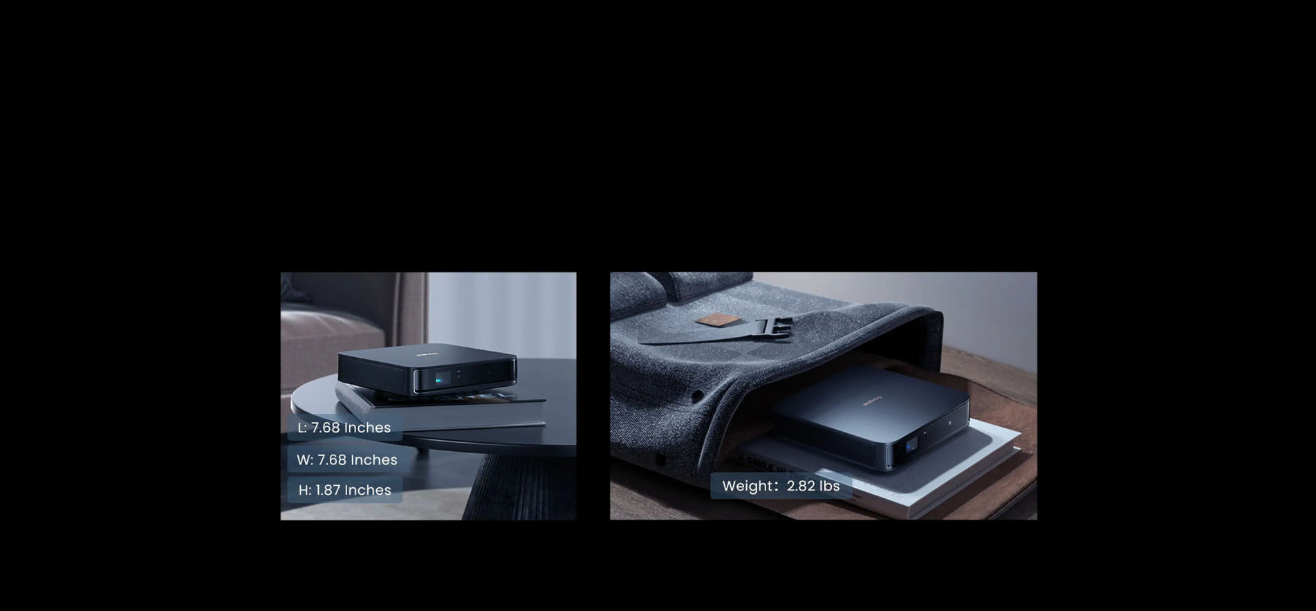 The Atom projector demonstrating ultra-thin and compact design, fitting easily into a bag or backpack for portable immersive entertainment, with dimensions and weight specified