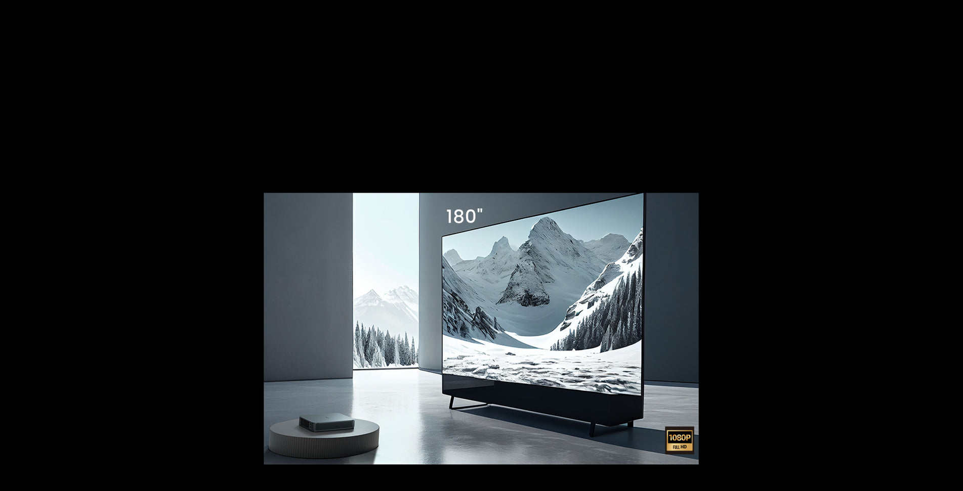 A spacious modern living room featuring a 180-inch projector screen with Full HD 1080p resolution displaying a stunning mountain landscape
