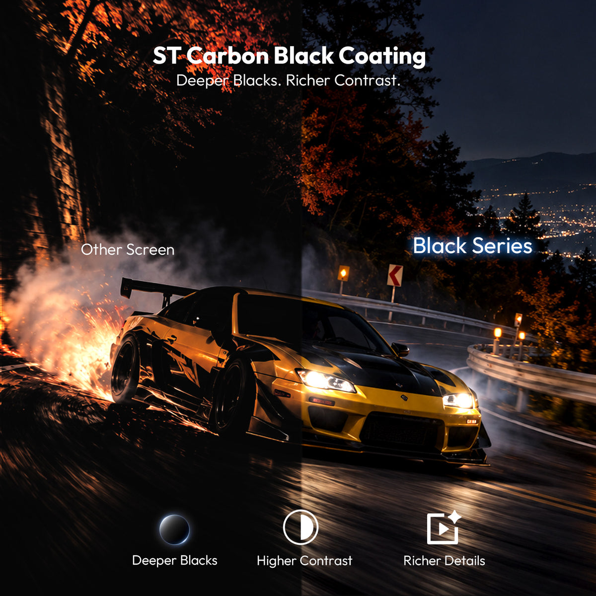 ST carbon black coating ALR screen vs standard screen, delivering deeper blacks and ultra-high contrast for richer image details.