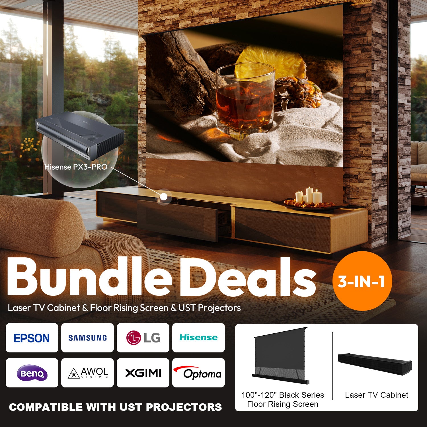 NothingProjector 3-in-1 Laser TV Bundle Deal including Floor Rising Screen Cabinet and UST Projectors Compatible with Hisense AWOL and Formovie