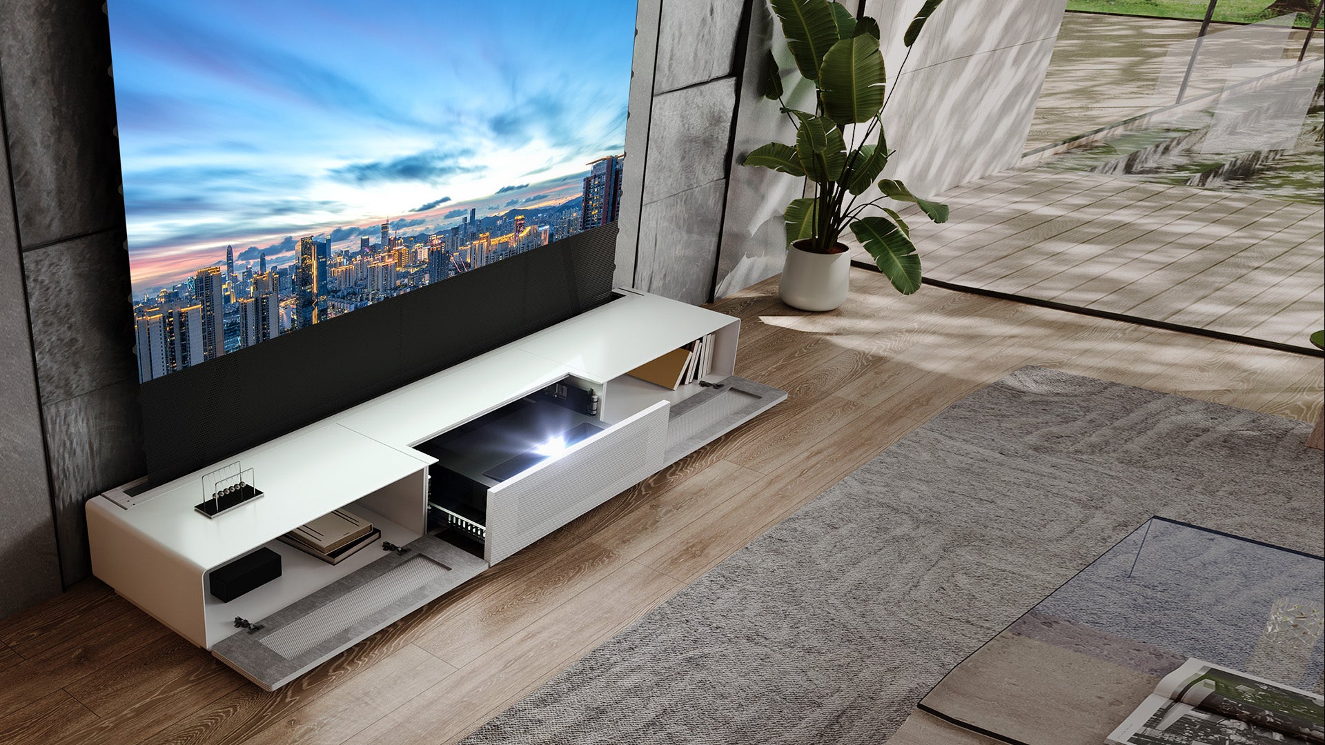 The Shore ROLATV Rollable Laser TV Cabinet features a motorized drawer with perforated cover and 30kg load capacity.