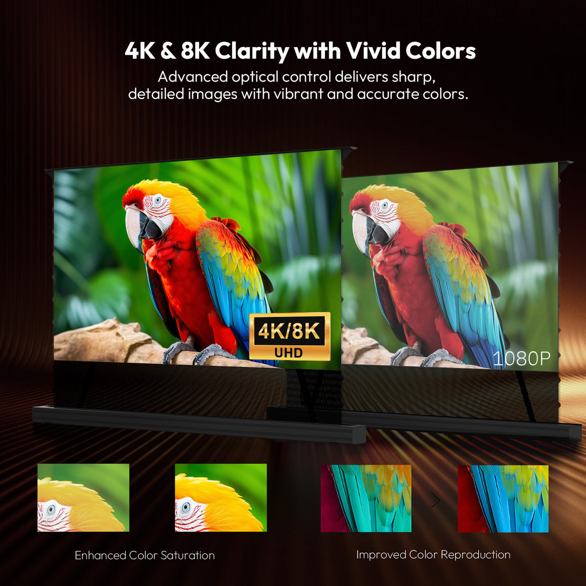 4K & 8K UHD compatible ALR projector screen, offering premium color saturation and vivid, accurate color reproduction.