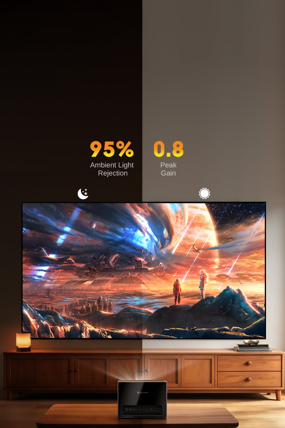 NP ALR Long Throw Screen features a refined 0.8dB peak gain that enhances projector brightness while minimizing glare and ambient light interference for optimized viewing clarity.