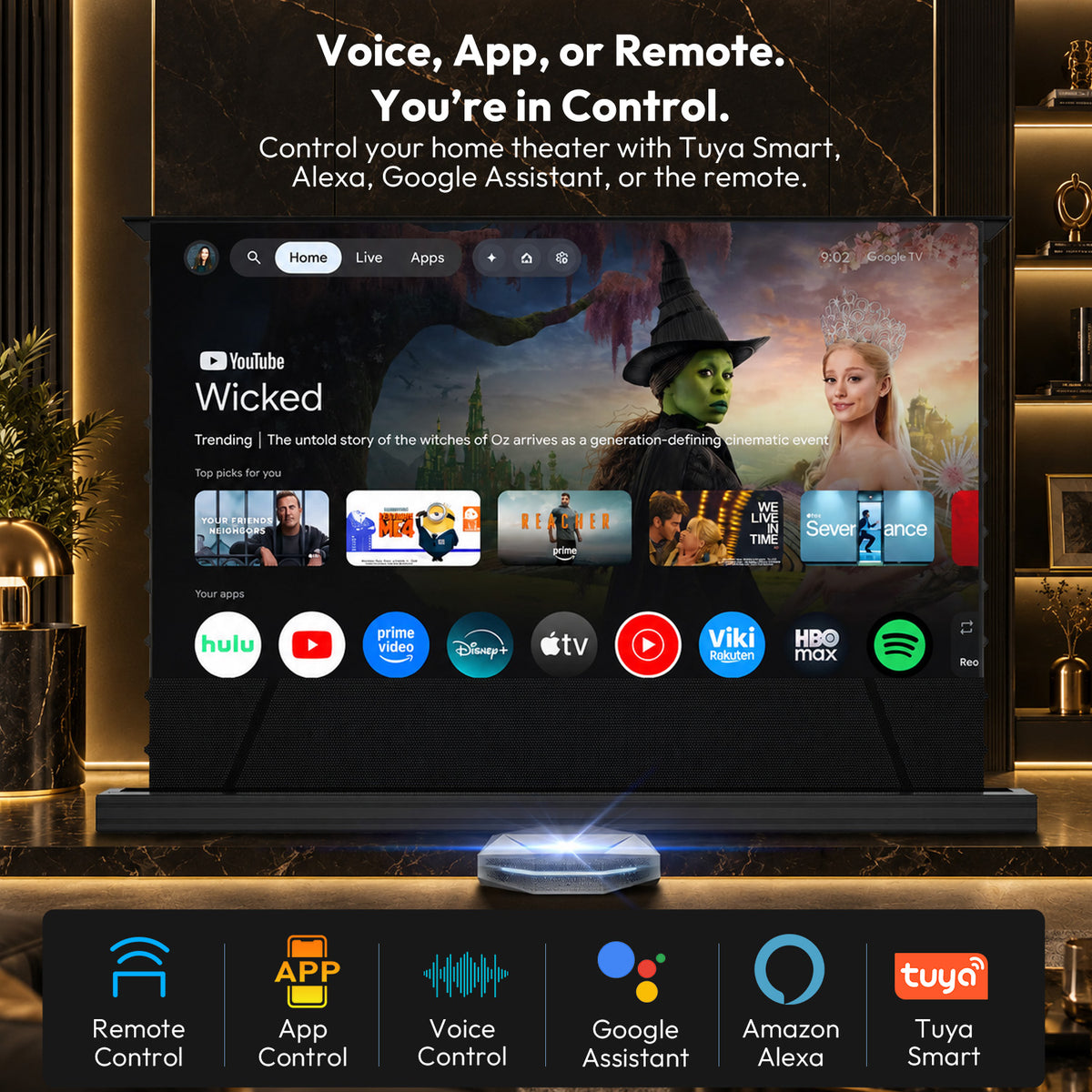 Smart home compatible motorized screen, supporting Tuya Smart App control, Alexa/Google Assistant voice control, and wireless remote.