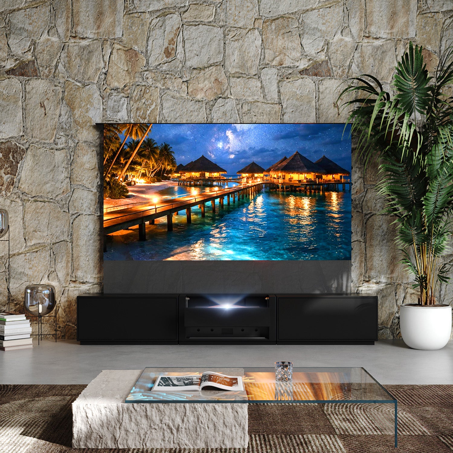 Shore Mattes Smart Laser TV Lowboard mit Klappdesign für Ultrakurzdistanz-Beamer (Vormontiert)