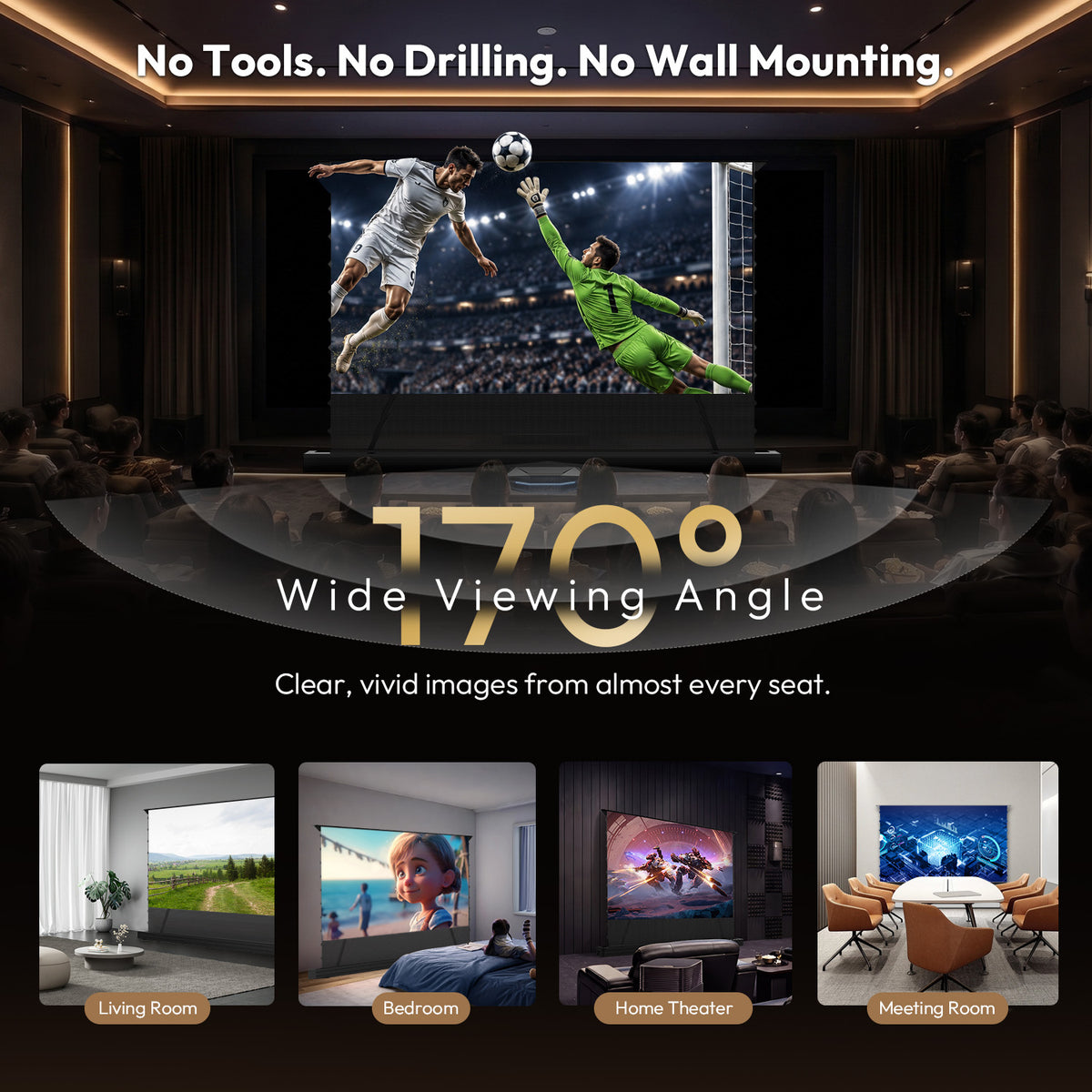 No drilling required 170° wide viewing angle floor rising screen, portable design for living rooms, bedrooms, home theaters, and offices.