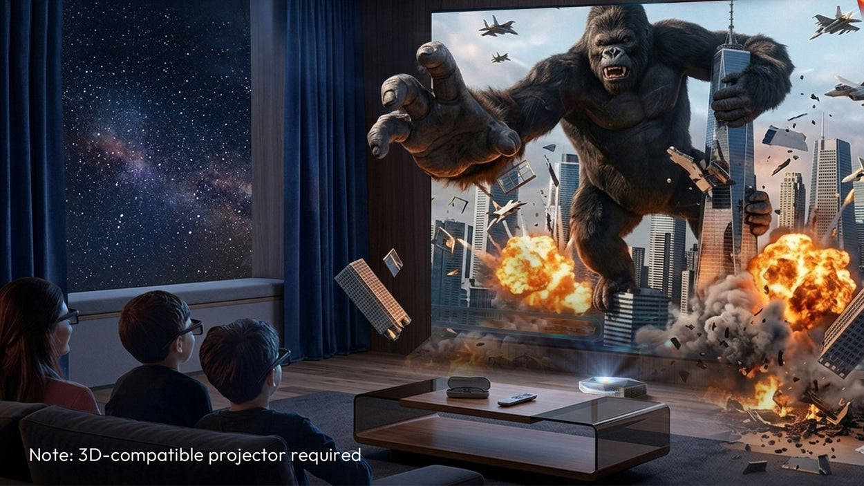 Active 3D movie experience on the 132-inch NothingProjector seamless ALR screen with a family wearing 3D glasses.