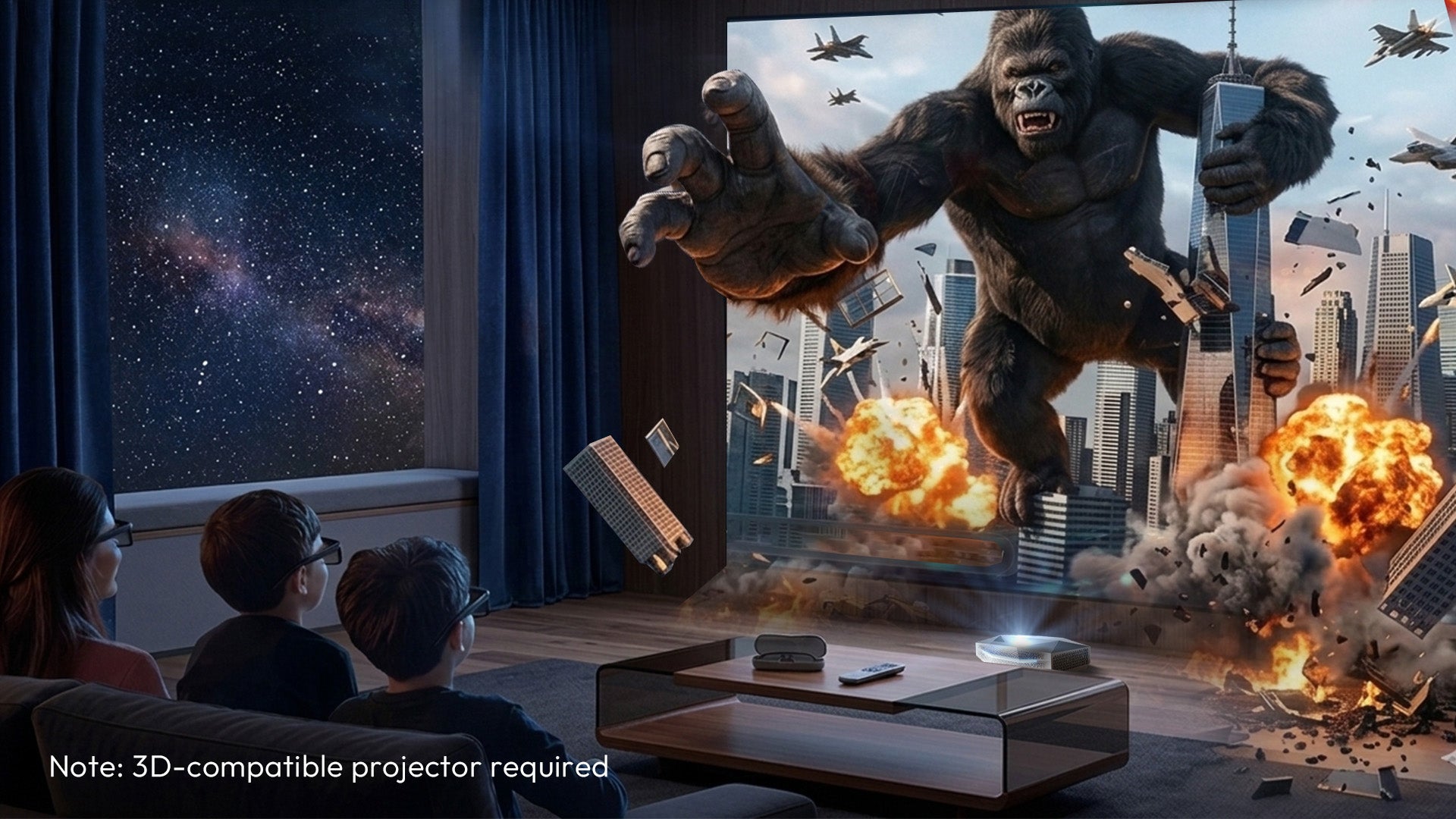 Active 3D movie experience on the 132-inch NothingProjector seamless ALR screen with a family wearing 3D glasses.