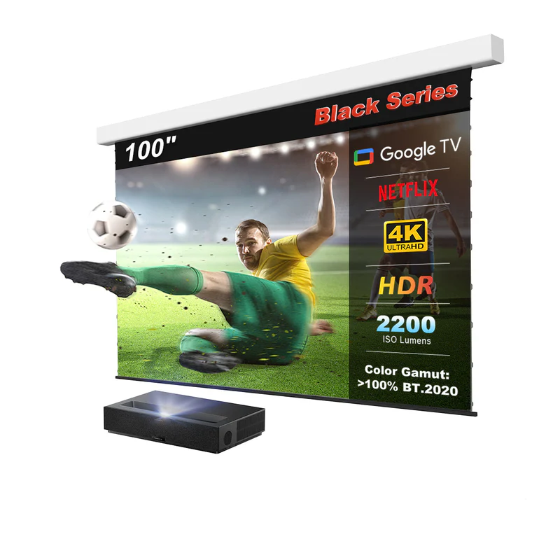 (Bundle) Formovie Theater Premium Triple Laser 4K TV UST Projector + Black Series Motorized ALR Projector Screen