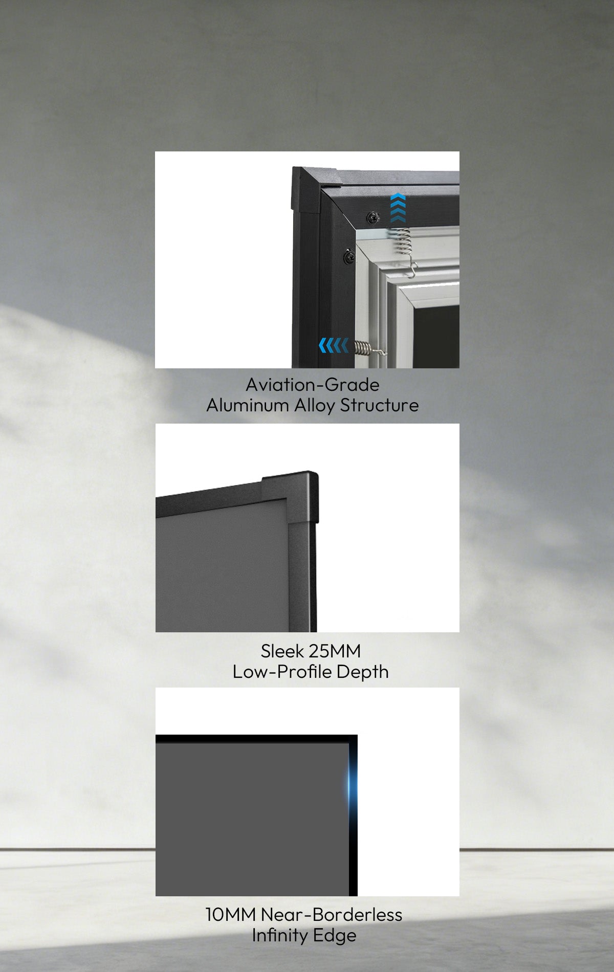 NothingProjector 132-inch seamless ALR screen featuring a frosted textured aluminum frame for durability and long-lasting use.