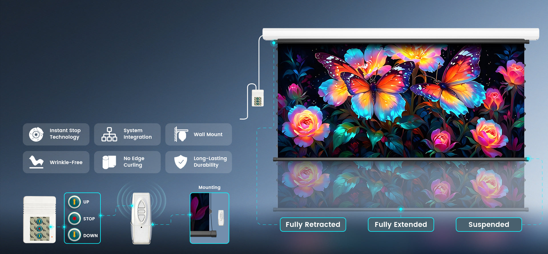 Motorized Drop Down Screen Precision Height Control with Memory Function RF Remote and Wired Wall Switch Setup