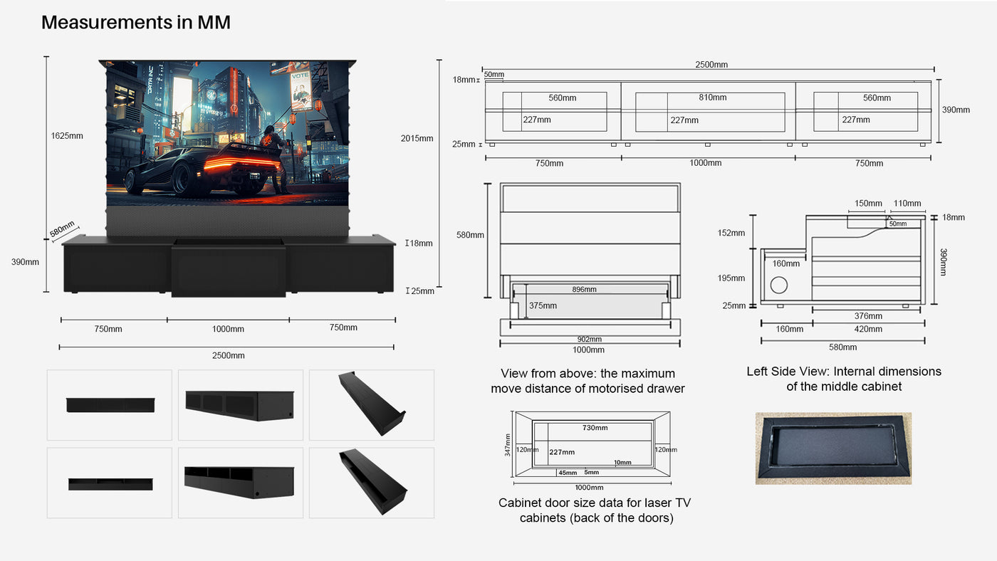 shore 100" laser tv cabinet size chart