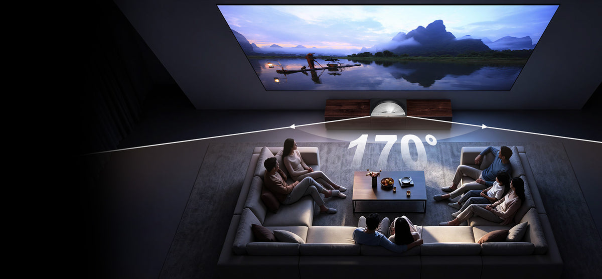 NP 132-inch UST ALR screen with 170° ultra-wide viewing angle for bright and vivid images from anywhere in the room.