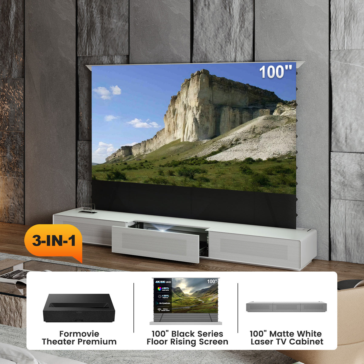 Shore UST Projector Matte Cabinet + Black Series Motorized Floor Rising Screen Bundle (Pre-Assembled）
