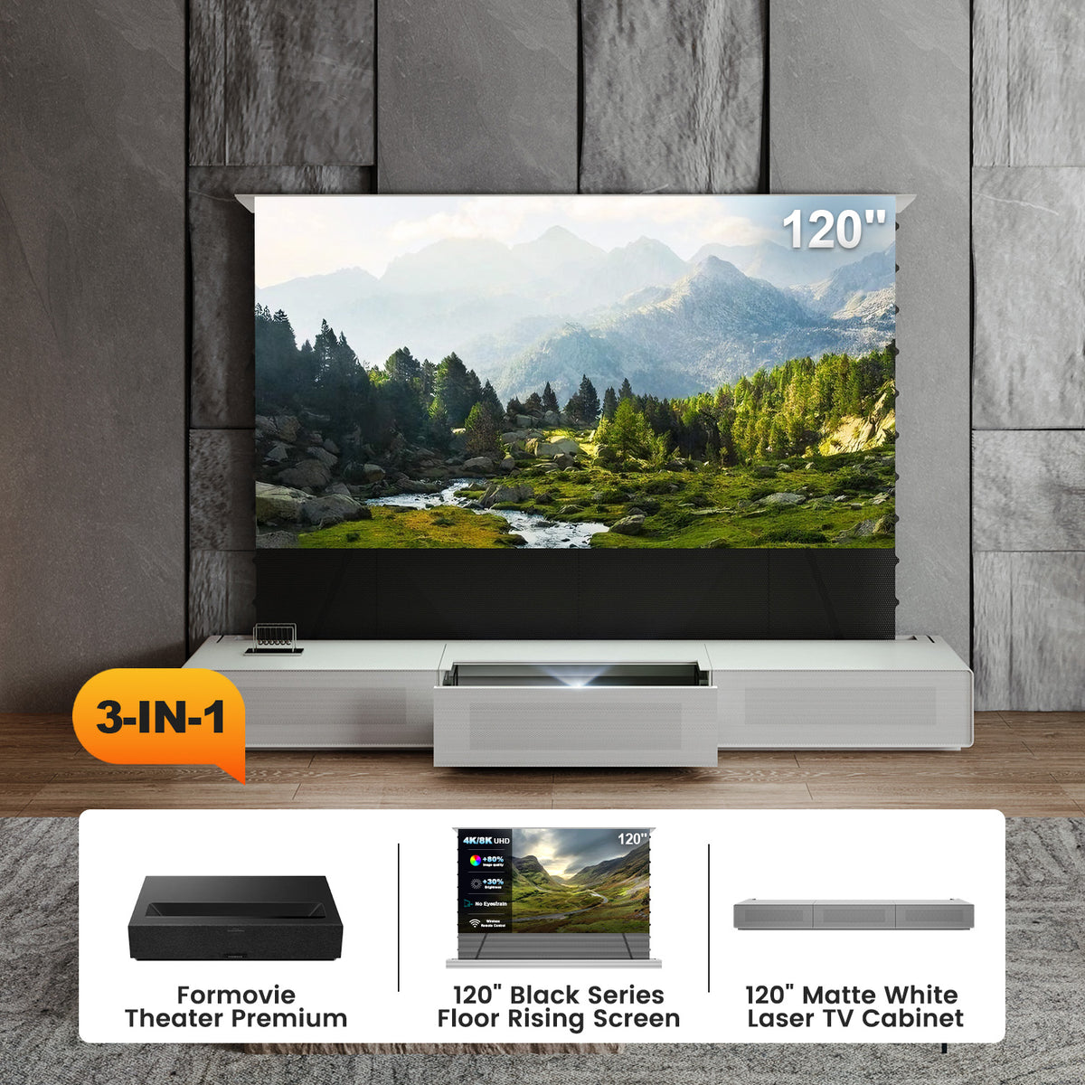 Shore UST Projector Matte Cabinet + Black Series Motorized Floor Rising Screen Bundle (Pre-Assembled）
