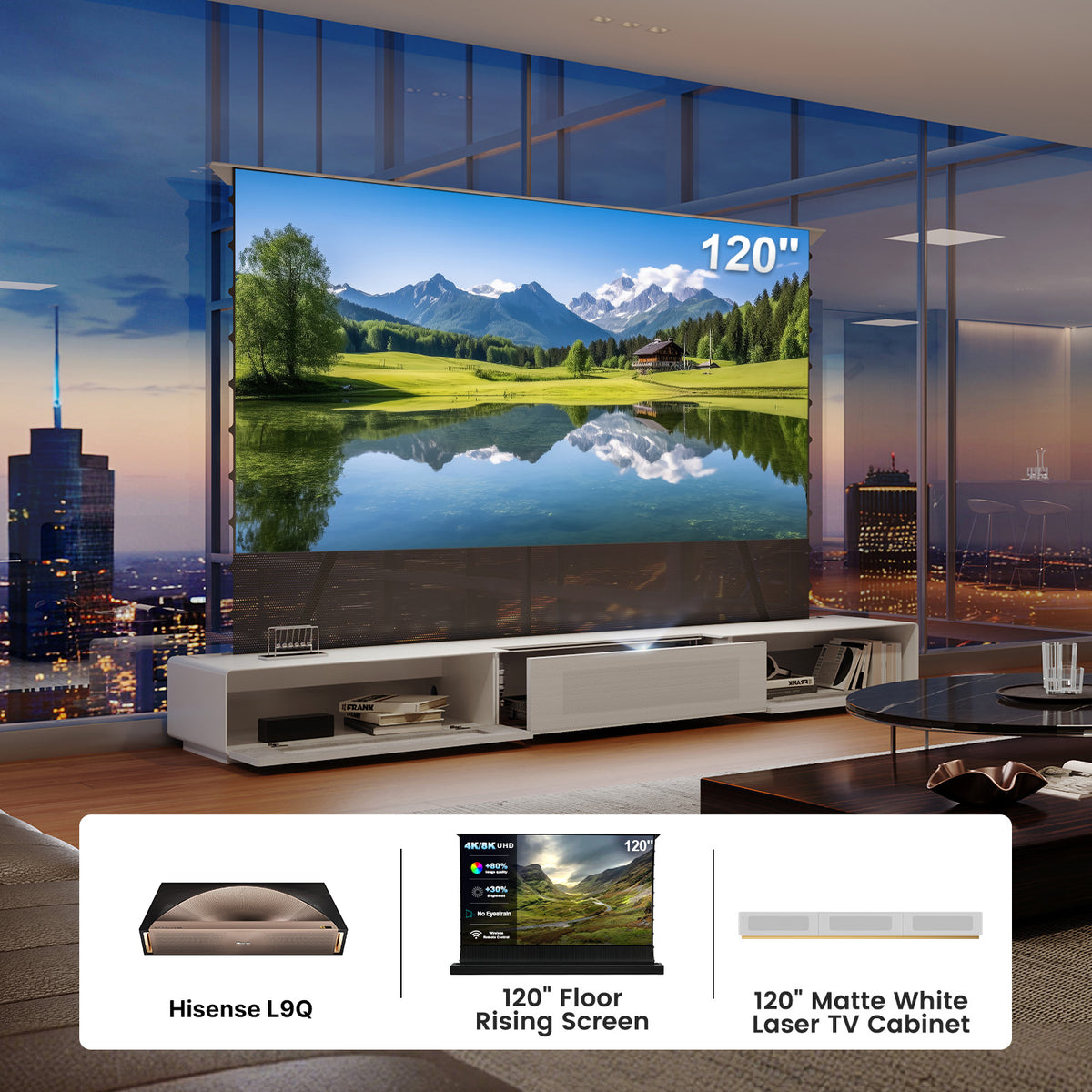 Shore UST Projector Matte Cabinet + Black Series Motorized Floor Rising Screen Bundle (Pre-Assembled）