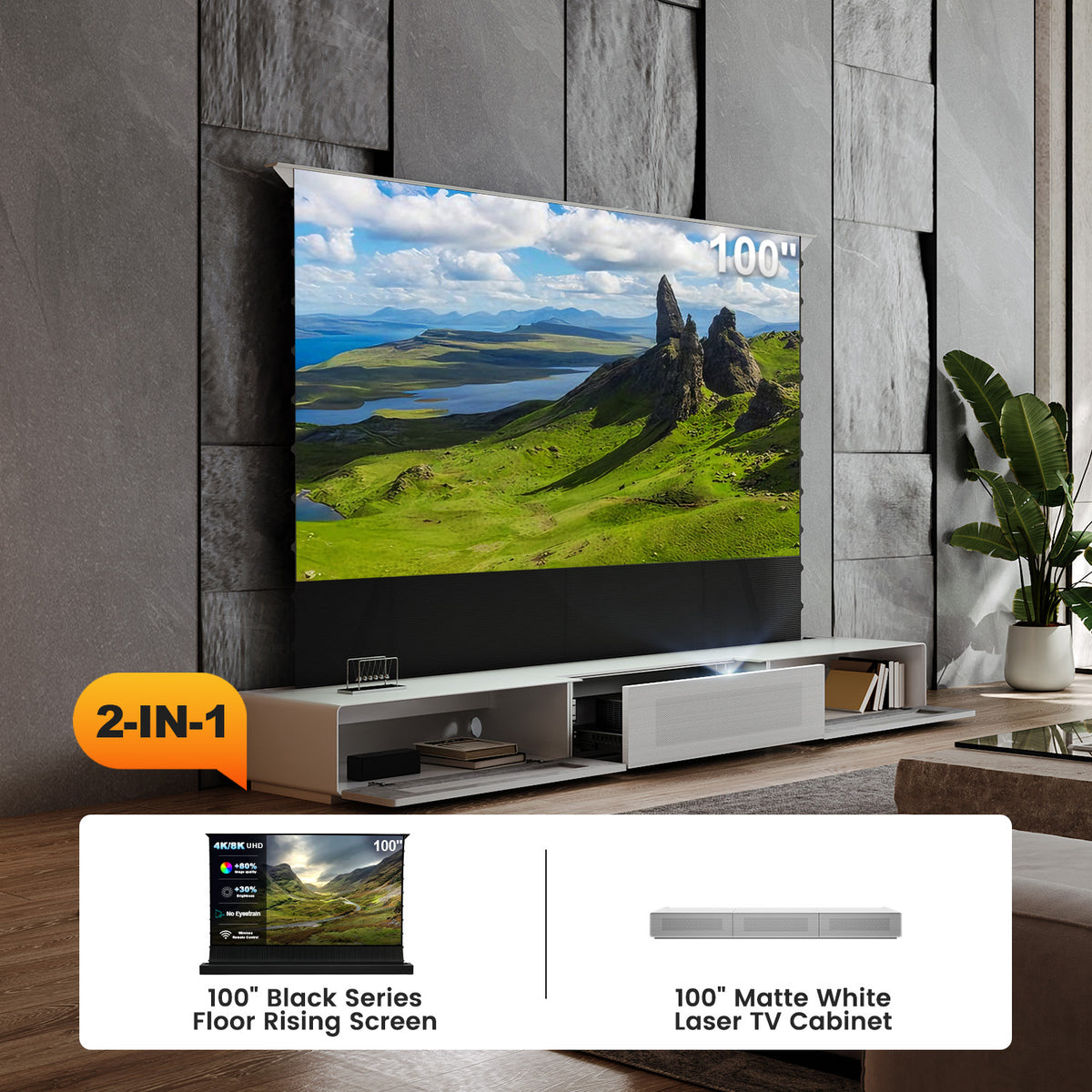 Shore UST Projector Matte Cabinet + Black Series Motorized Floor Rising Screen Bundle (Pre-Assembled）