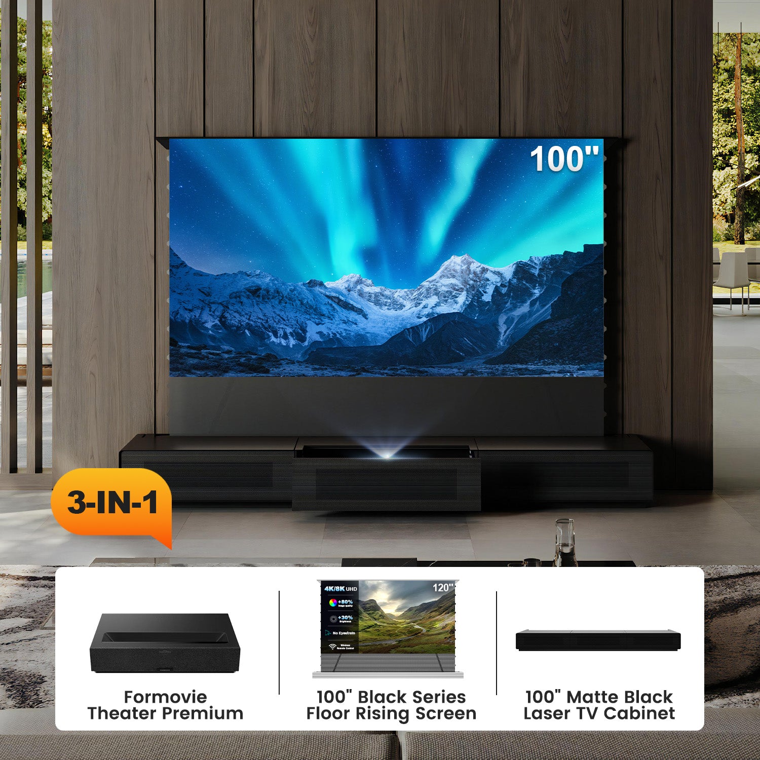 Shore UST Projector Matte Cabinet + Black Series Motorized Floor Rising Screen Bundle (Pre-Assembled）
