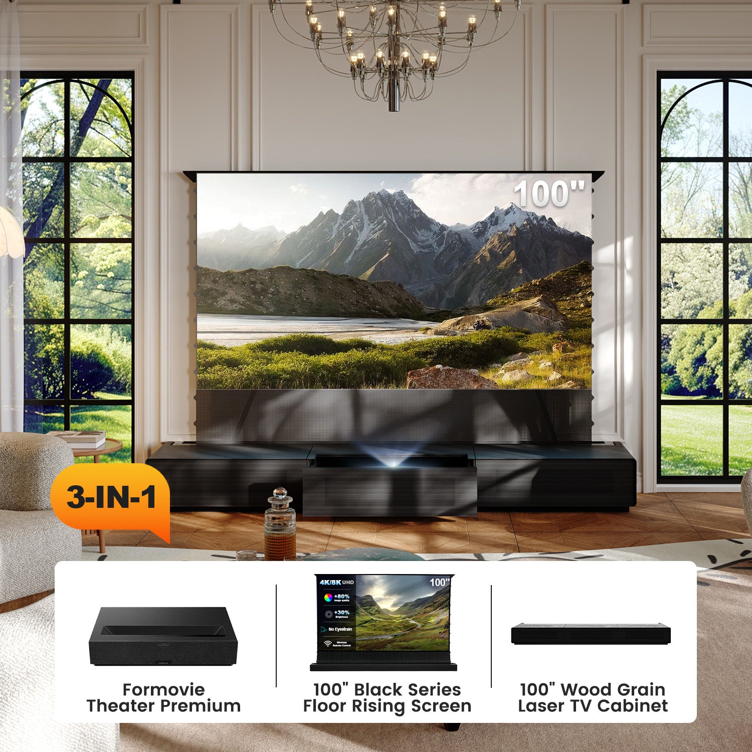 NothingProjector 3-in-1 Laser TV Bundle Deal including Floor Rising Screen Cabinet and UST Projectors Compatible with Hisense AWOL and Formovie