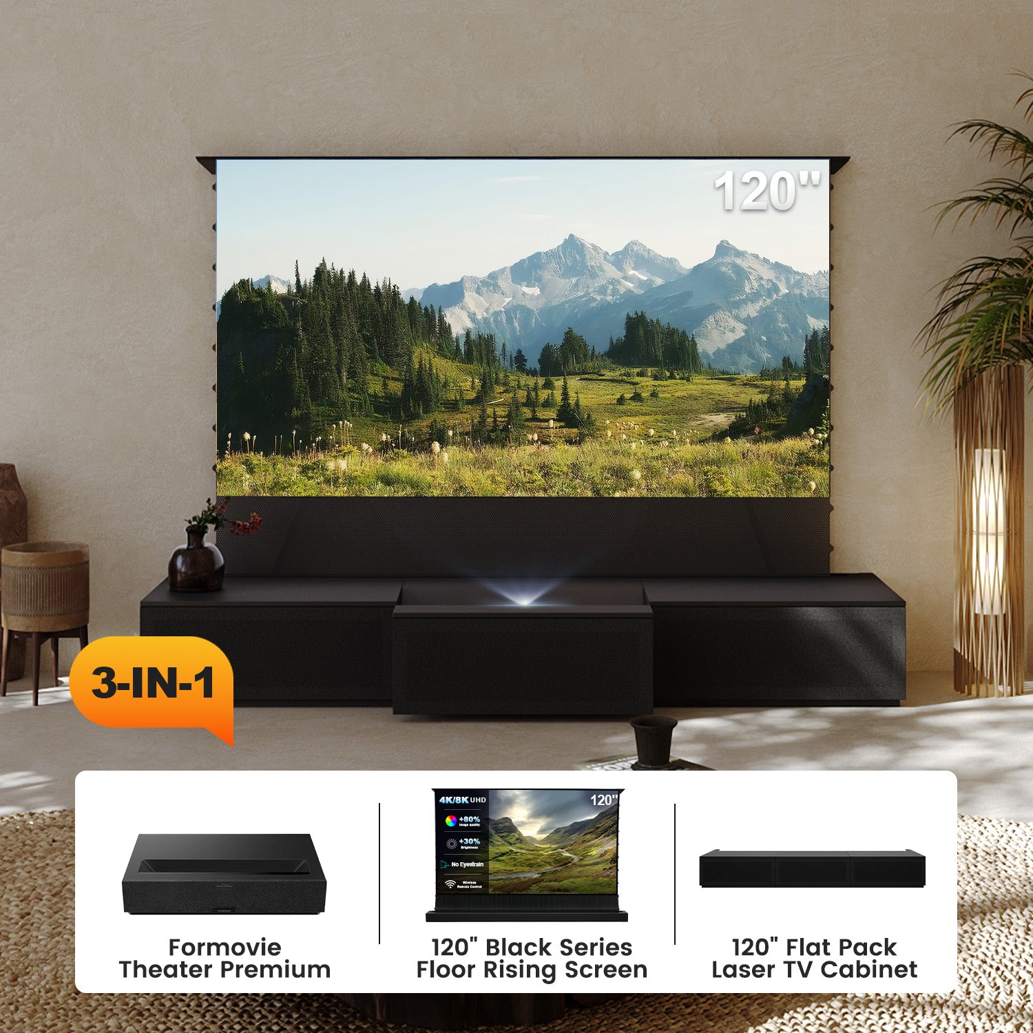 120 Inch 3-in-1 Home Theater Bundle Formovie Theater Premium Black Series Floor Rising Screen Flat Pack Laser TV Cabinet