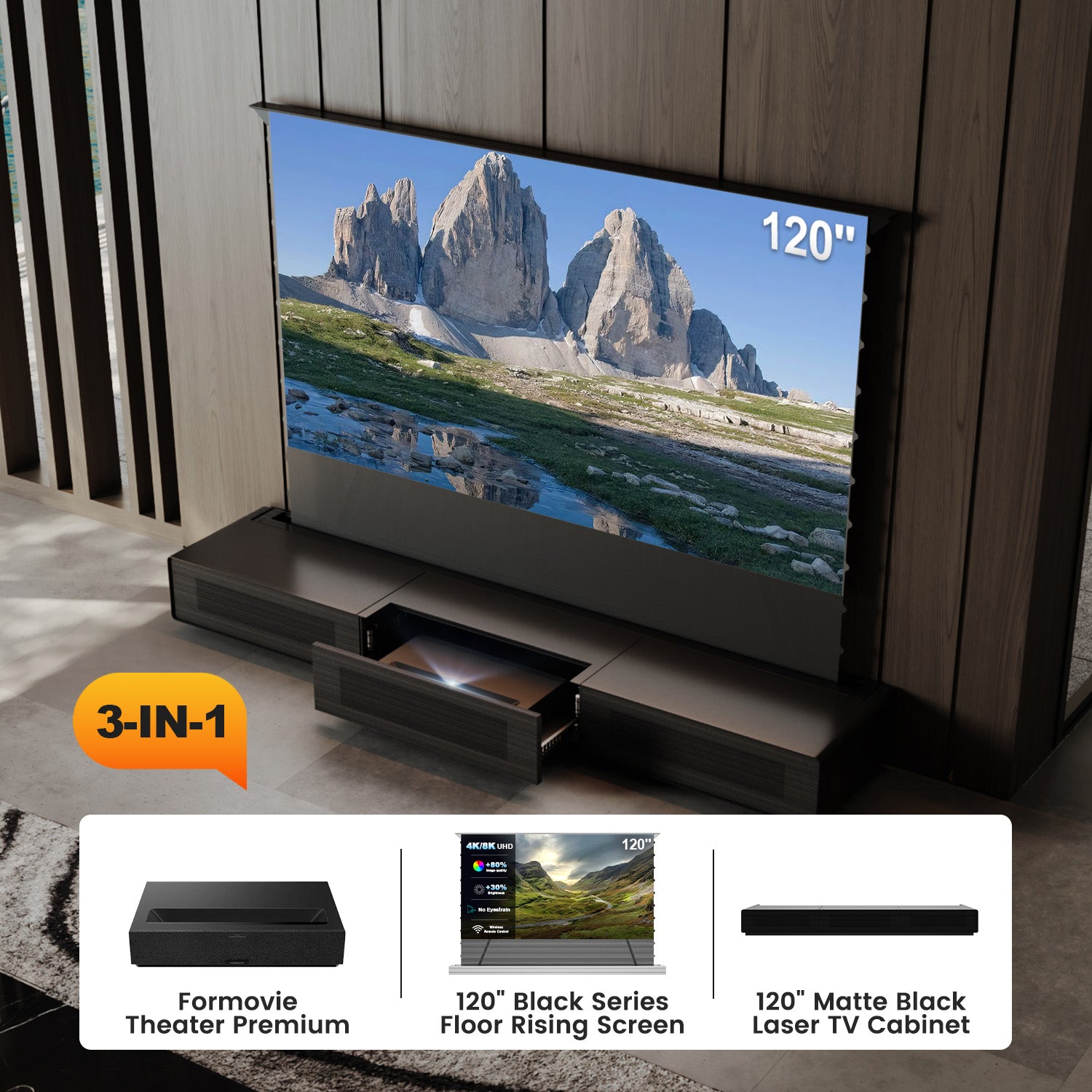 Shore UST Projector Matte Cabinet + Black Series Motorized Floor Rising Screen Bundle (Pre-Assembled）