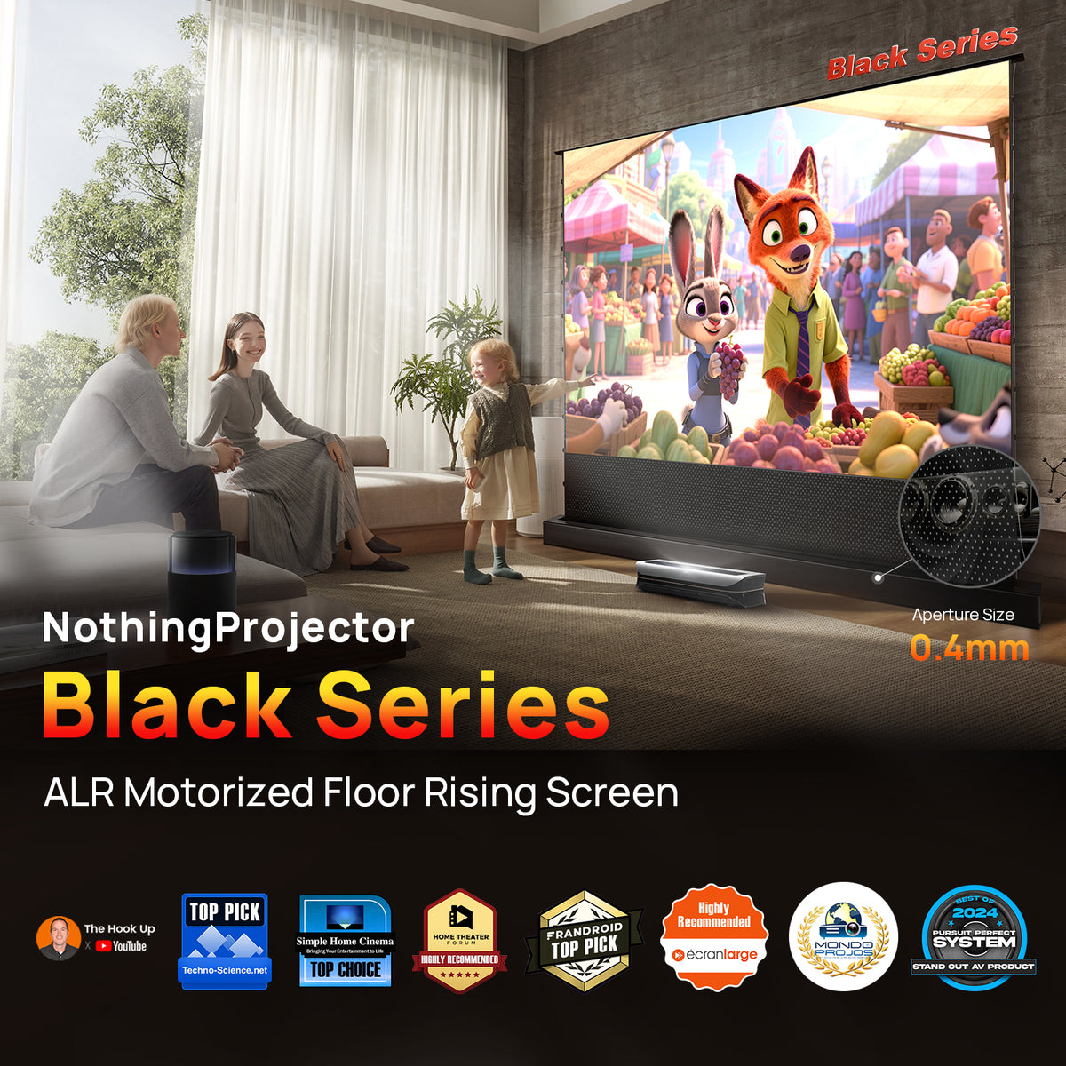 The NothingProjector Black Series ALR Motorized Floor Rising Screen is highly recommended across industry reviews.