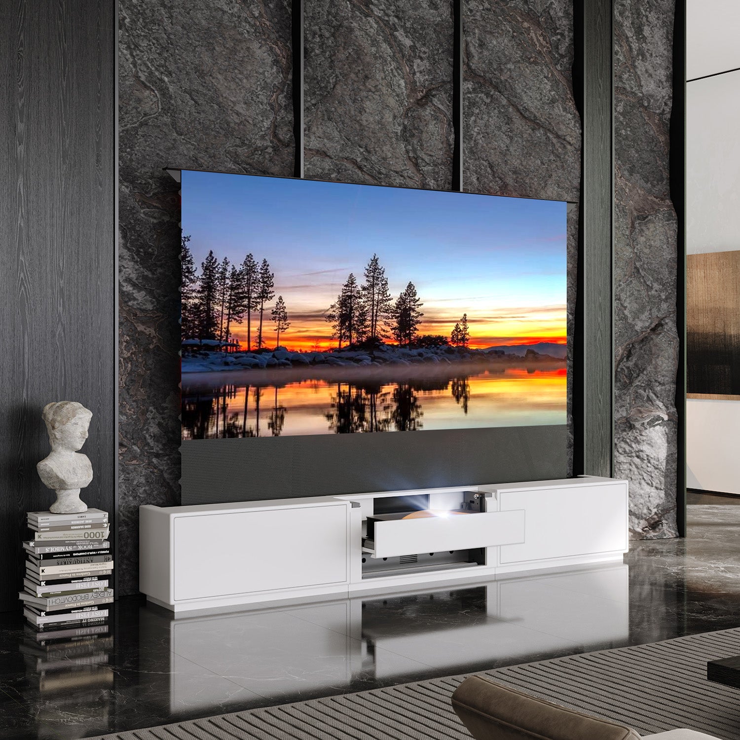 Shore Mattes Smart Laser TV Lowboard mit Klappdesign für Ultrakurzdistanz-Beamer (Vormontiert)