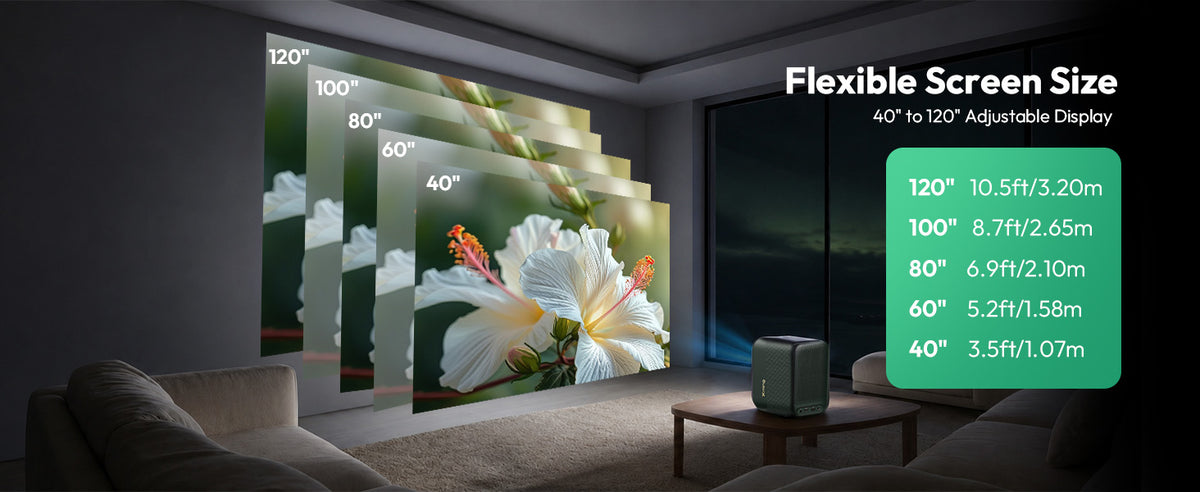 Flexible screen size: adjustable 40 to 120 inch projection on the Xming Page One