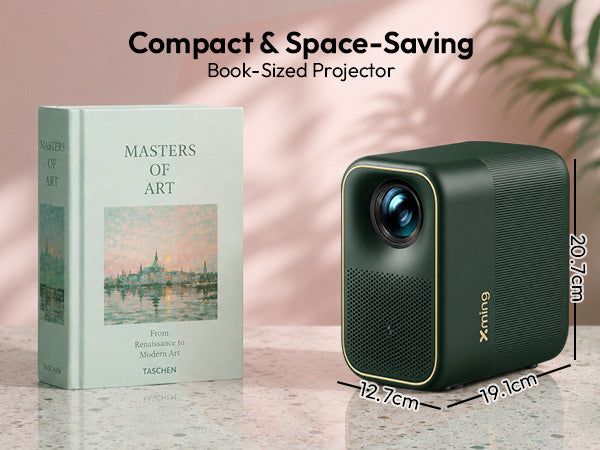 Compact, book-sized Xming Page One projector measuring 20.7 x 19.5 x 12.7 cm