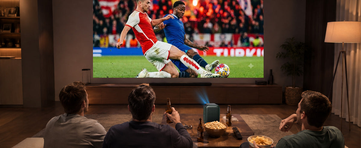 Xming Page One Google TV projector in a home setting, lifestyle shot 01