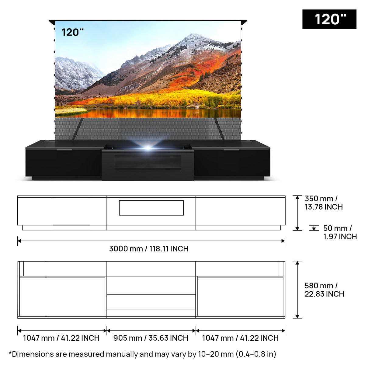 NothingProjector Berlin 120 inch laser TV cabinet dimensions in mm and inches