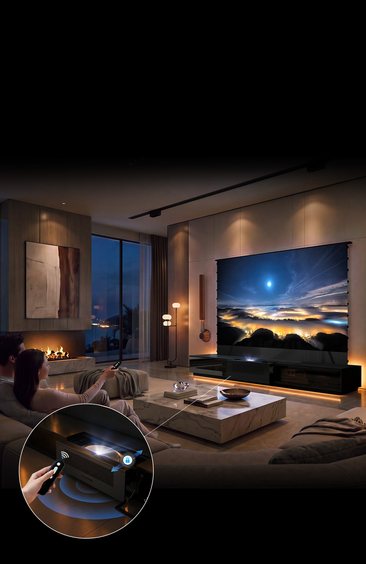 Smart synchronized control of the motorized tray and rising screen