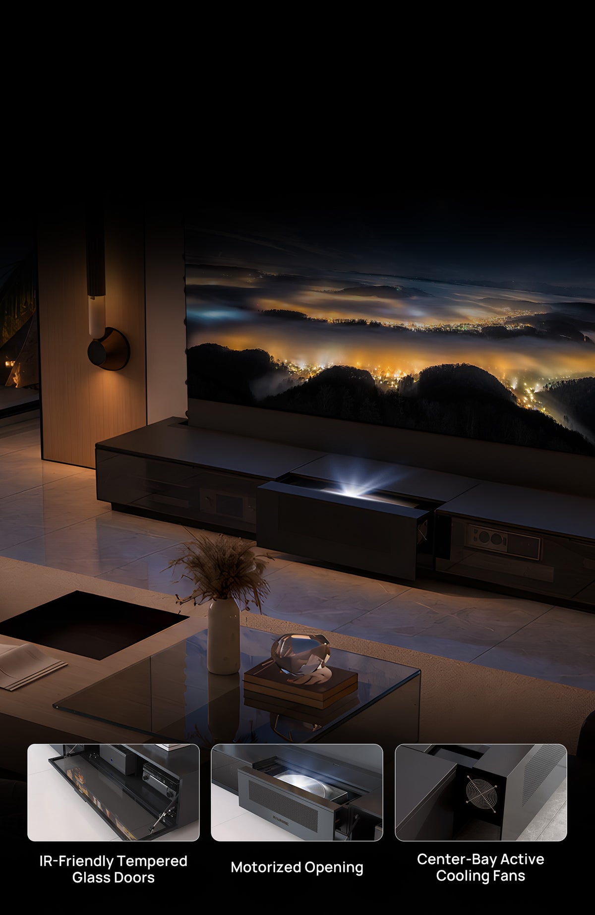Smoke-tinted tempered glass door and cooling fan details
