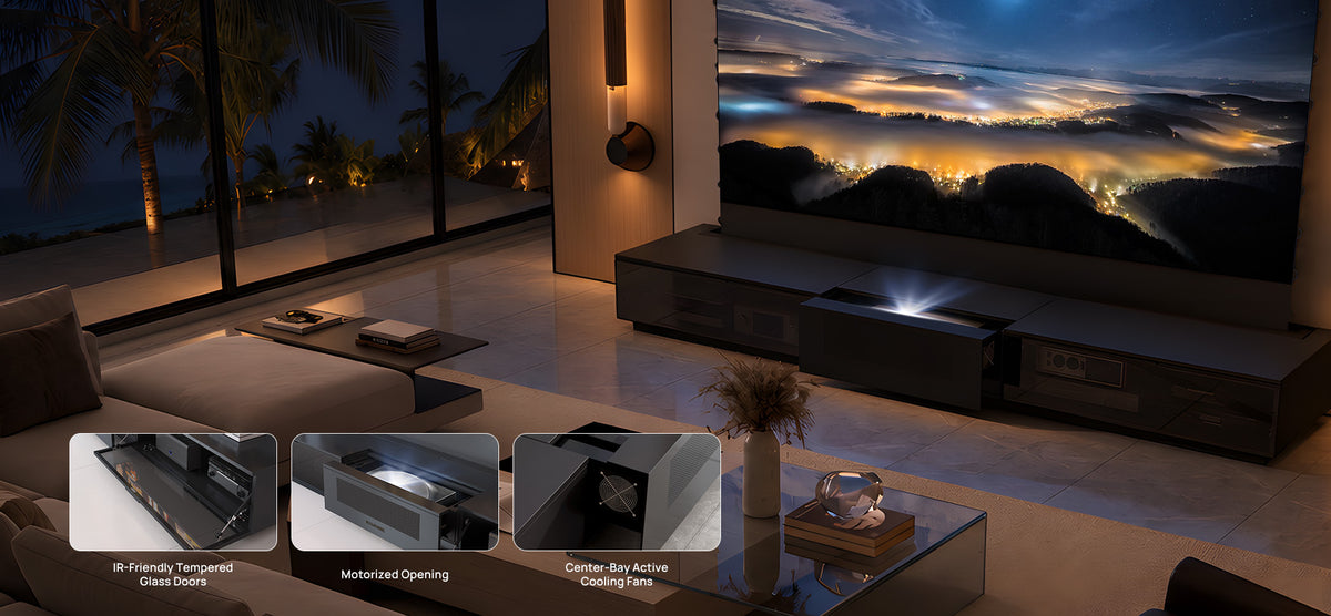 Smoke-tinted tempered glass door and cooling fan details