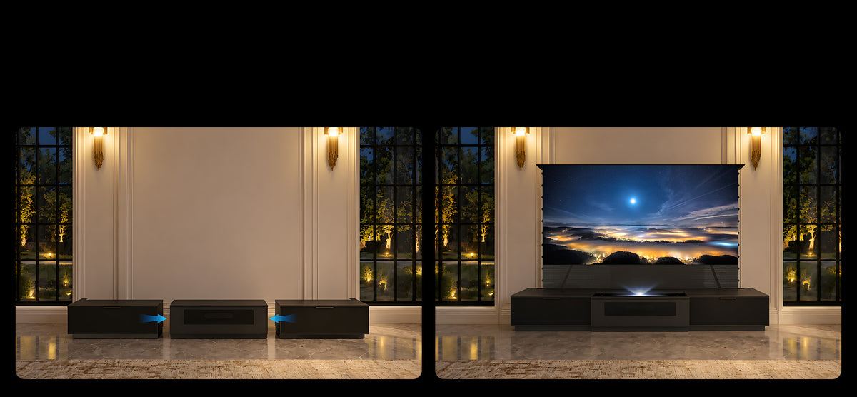Three pre-assembled cabinet sections for instant cinema setup