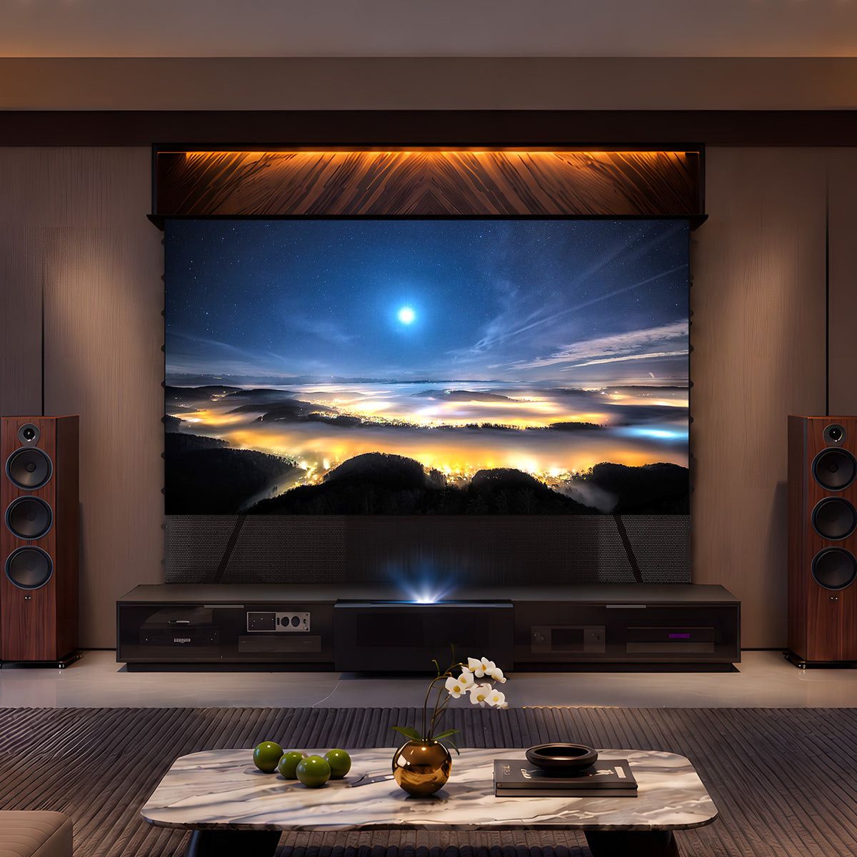 NothingProjector Berlin glass door laser TV cabinet in a living room home theater