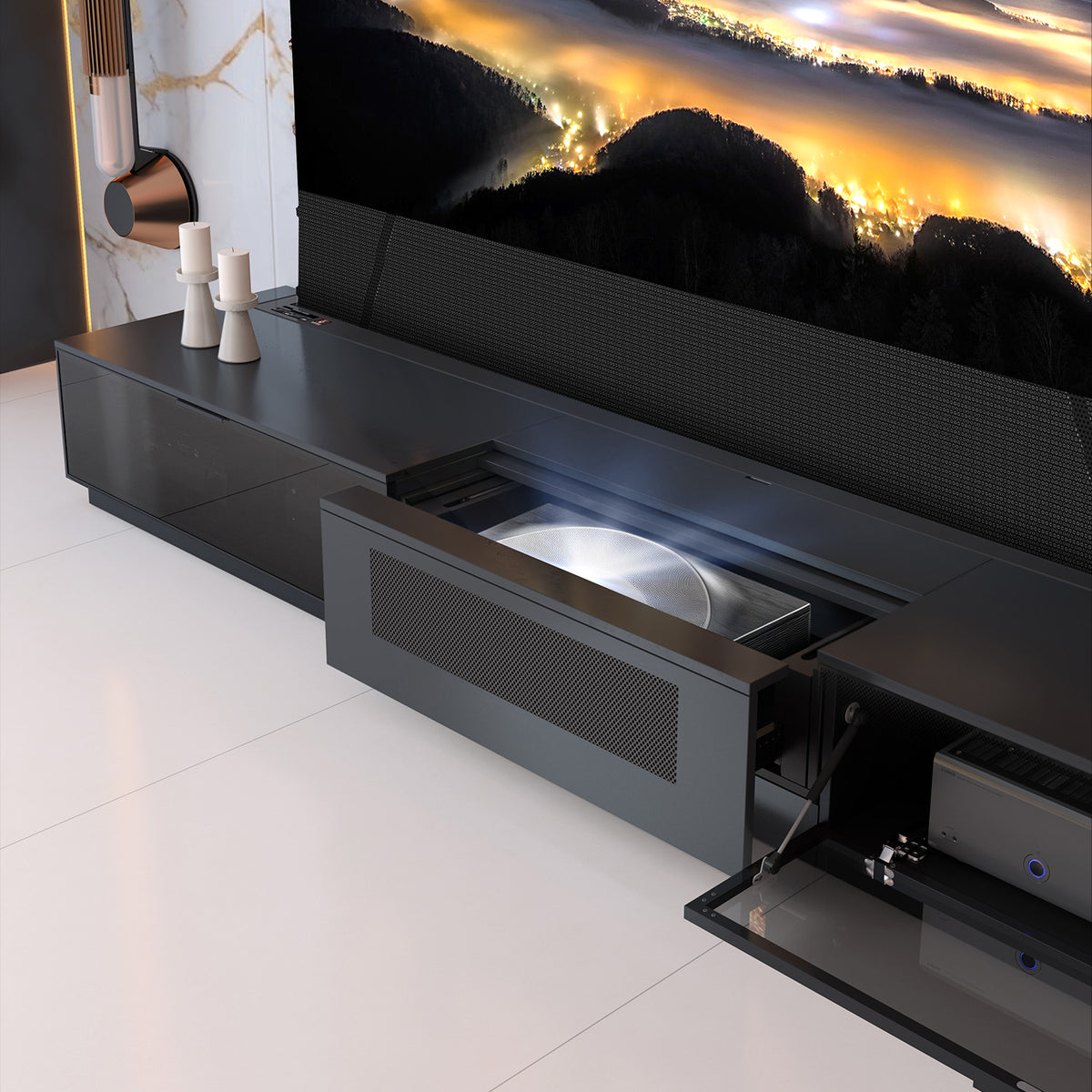 NothingProjector Berlin motorized laser TV cabinet with glass doors for UST projectors