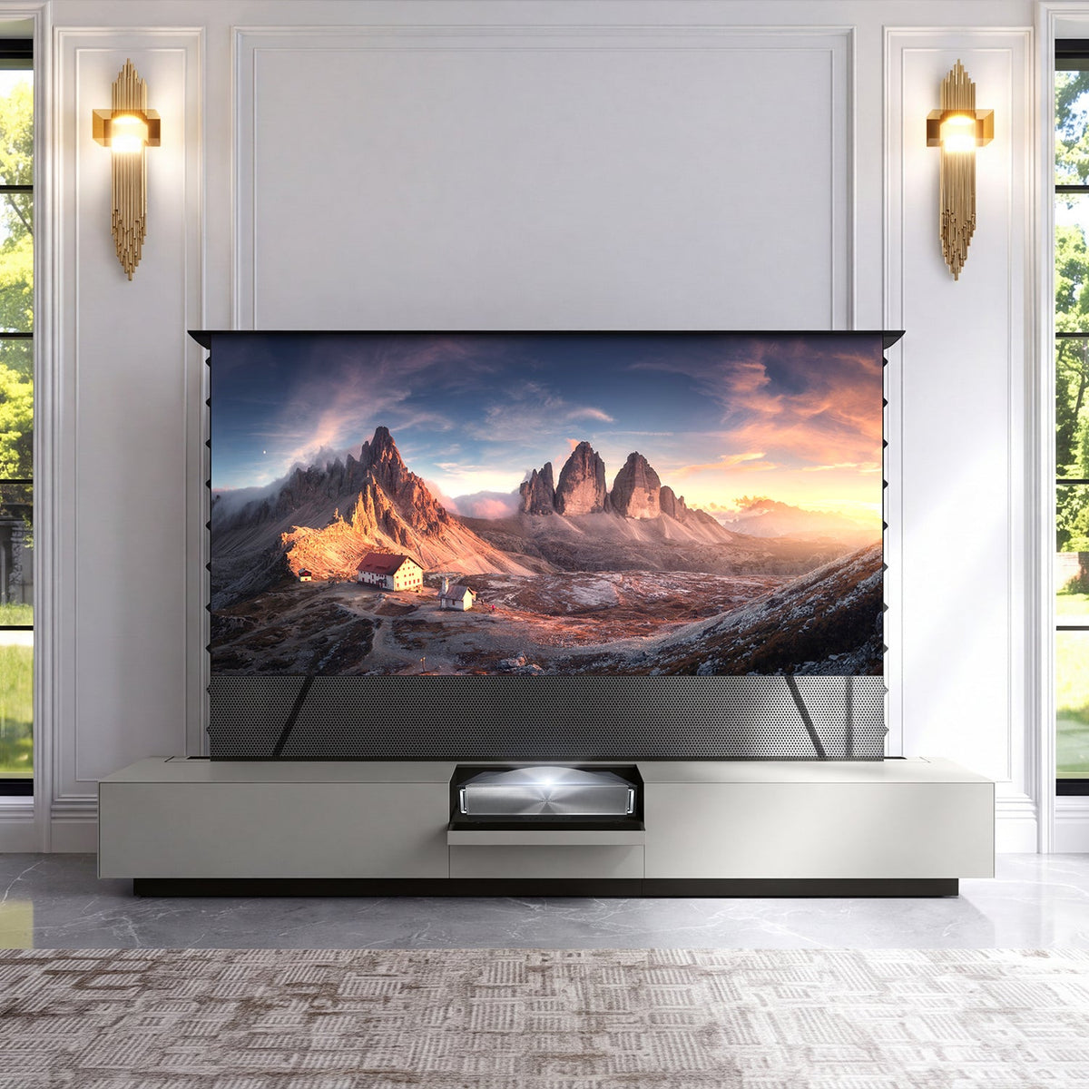NothingProjector smart motorized laser TV cabinet in gray with a 100 inch ALR floor rising screen raised