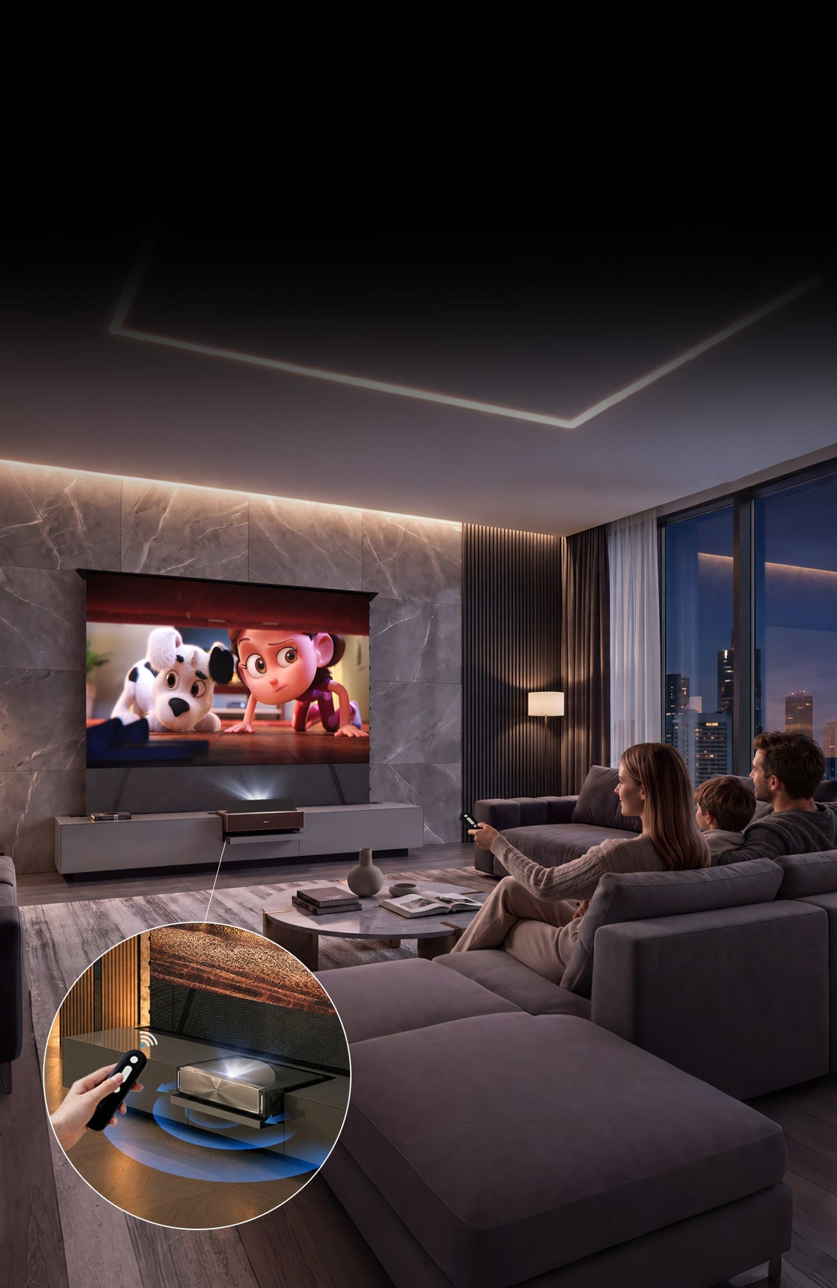 NothingProjector gray laser TV cabinet syncing with a projector and a floor rising screen