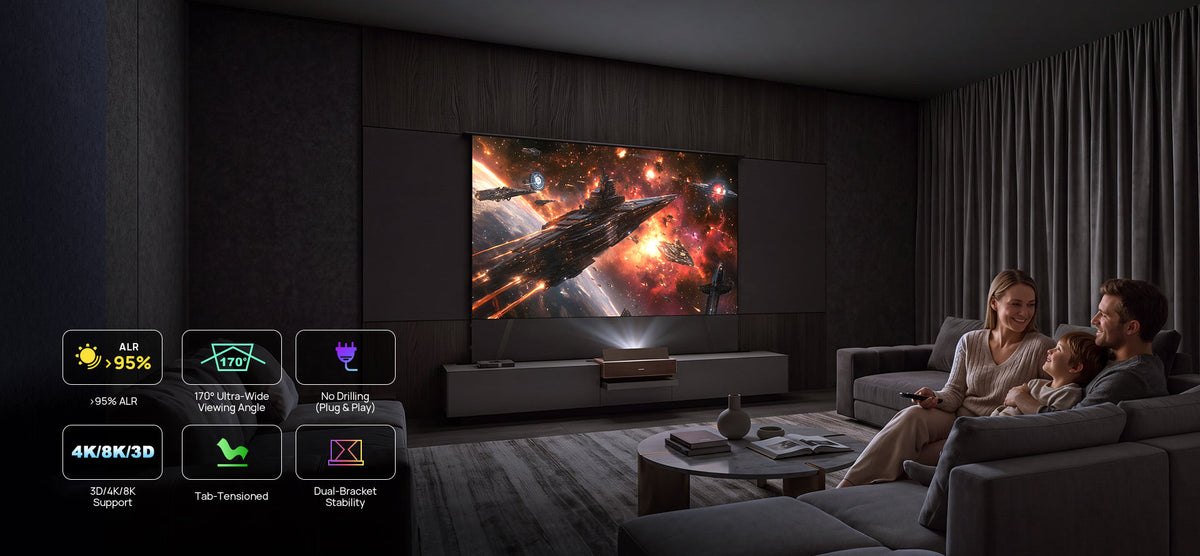 Black Series ALR floor rising screen paired with the NothingProjector gray laser TV cabinet