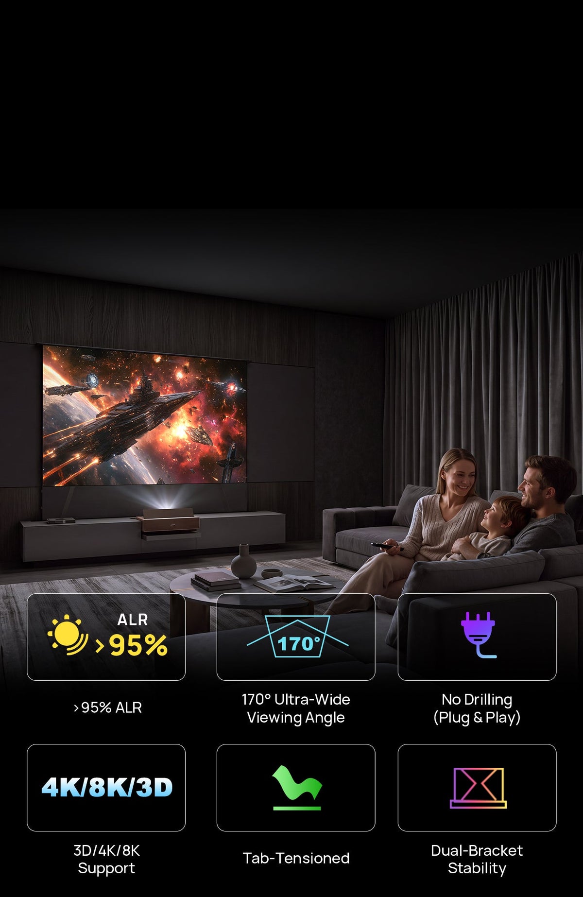 Black Series ALR floor rising screen paired with the NothingProjector gray laser TV cabinet