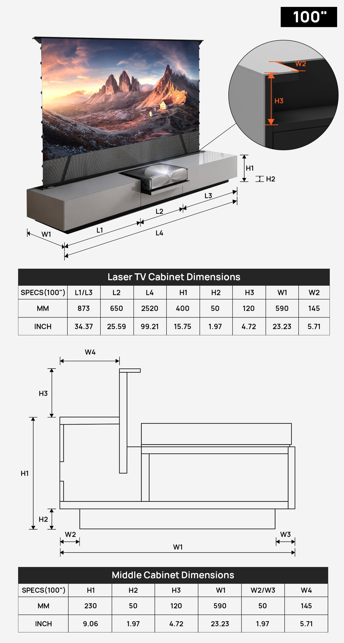 Dimension drawing of the NothingProjector gray laser TV cabinet, 100 inch: cabinet and middle cabinet dimensions in mm and inches