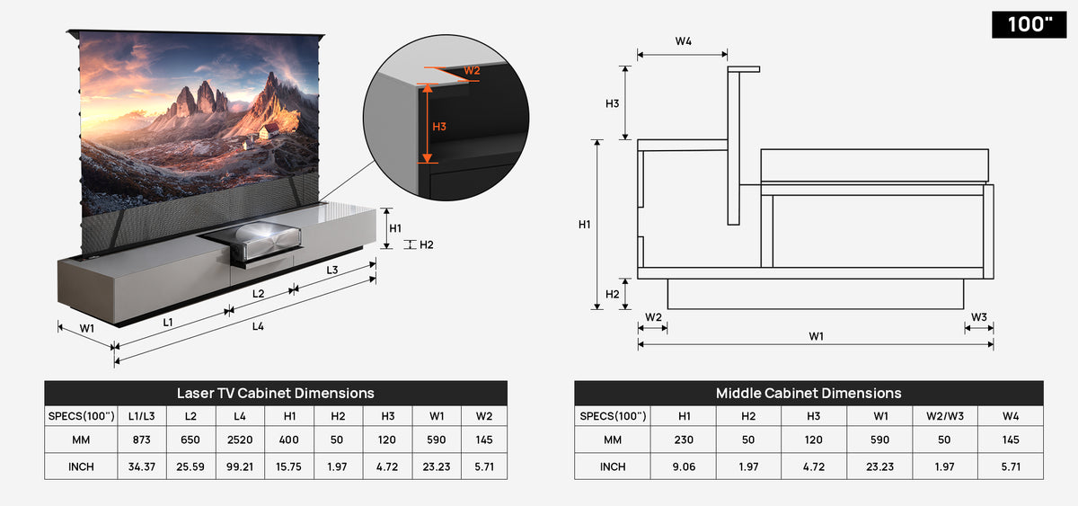 Dimension drawing of the NothingProjector gray laser TV cabinet, 100 inch: cabinet and middle cabinet dimensions in mm and inches